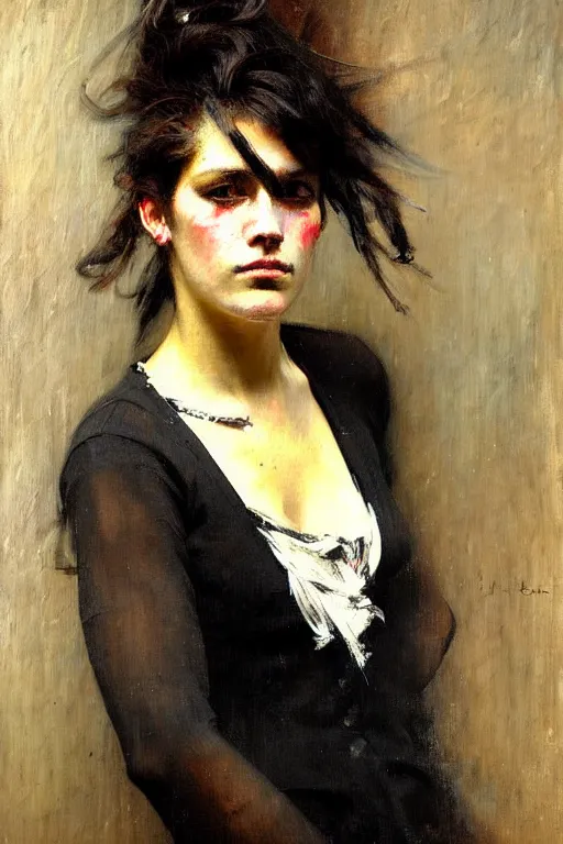 Image similar to impressionist brushstrokes!!!! solomon joseph solomon and richard schmid and jeremy lipking victorian loose genre loose painting full length portrait painting of a young beautiful woman punk rocker