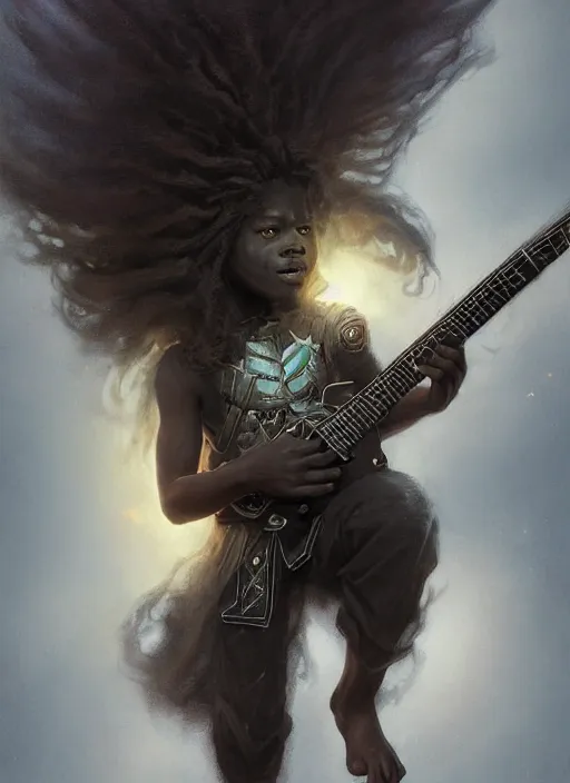 Image similar to fantasy changeling black kid with long curly hair playing electric guitar, half half, dim light, front game card, marvel comics, dark, intricate, highly detailed, smooth, artstation, digital illustration by ruan jia and mandy jurgens and artgerm and wayne barlowe and greg rutkowski and zdislav beksinski