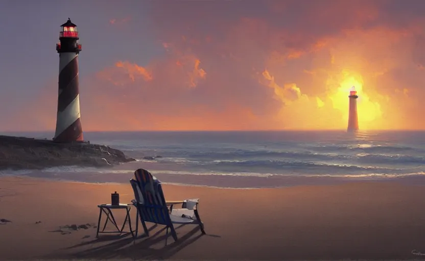 Image similar to painting of a beach chair at sunset with a lighthouse in background, natural light, concept art, by greg rutkowski, cozy atmospheric and cinematic lighting