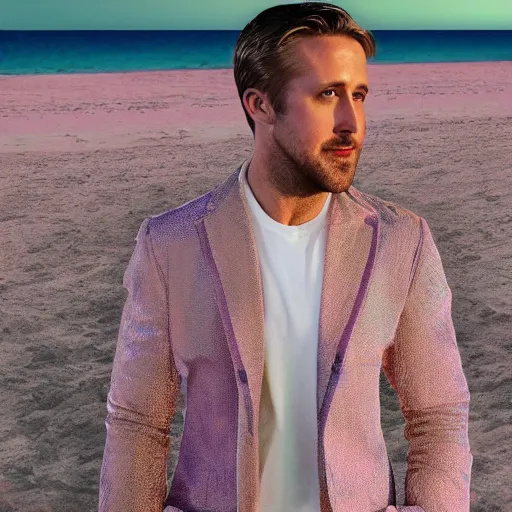 Prompt: ryan gosling robotic clothes in the beach purple sun, pink lighting ultra realistic photorealistic highly detailed high quality 8 k