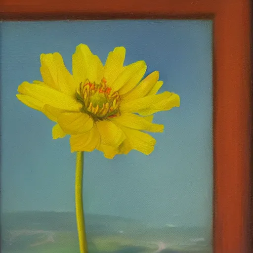 Prompt: a yellow flower blooming in the midst of a broken world, oil painting