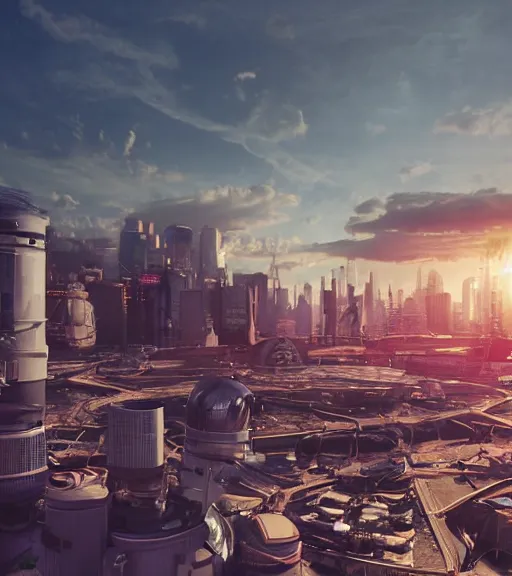 Image similar to sci - fi city rooftop view, blue sky, highly detailed, beautiful light and sunset, photorealistic, octane render