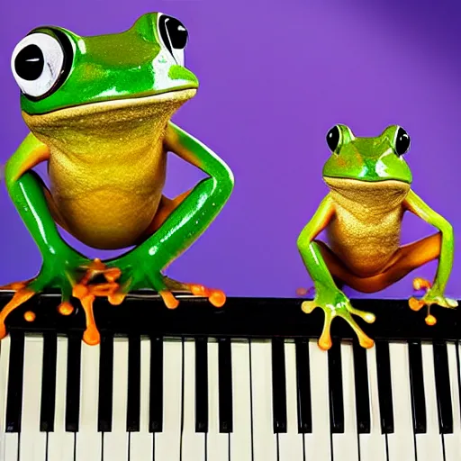 Prompt: 3 frogs playing instruments in a band, high-definition photograph