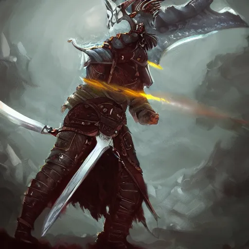 Image similar to fantasy warrior trending on artstation painterly greatsword guts fighting