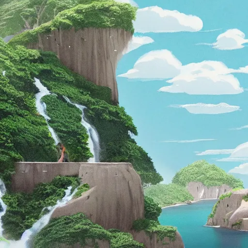 Image similar to an island floating in the air, the island is rocky and bare with some vegetation, waterfalls left from the island flowing into the sea, highly detailed, animated, lovely, dreamy, morandi colour scheme, strong light and shadow atmosphere, painted by ghibli