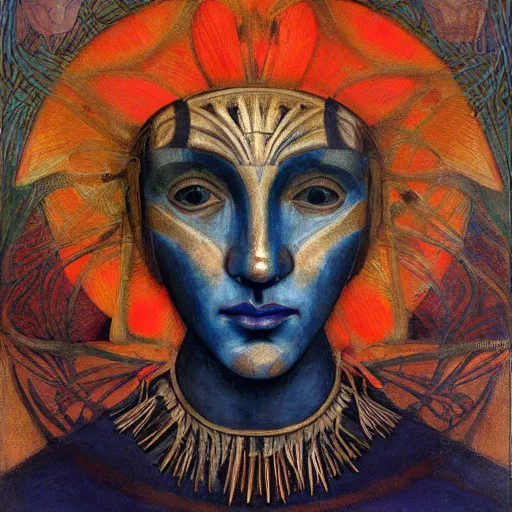 Prompt: masterpiece painting of a facemask made of stylized flowers, by annie swynnerton and jean delville and john watkiss and rufino tamayo and diego rivera, flower mask, art deco shaman, symbolist, dramatic lighting, god rays, elaborate geometric ornament, modern realism, clean crisp graphics, soft cool colors, smooth, sharp focus, extremely detailed