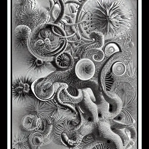 Image similar to a black and white drawing of a variety of sea life, a microscopic photo by ernst haeckel, zbrush central, kinetic pointillism, bioluminescence, intricate patterns, photoillustration