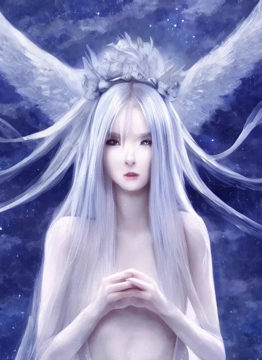 Image similar to thin angel with silver hair so pale and wan!, wearing robes, covered in robes, anime goddess manga, flowing hair, pale skin, young cute face, covered!!, clothed! oil on canvas, 4 k resolution, aesthetic!, mystery