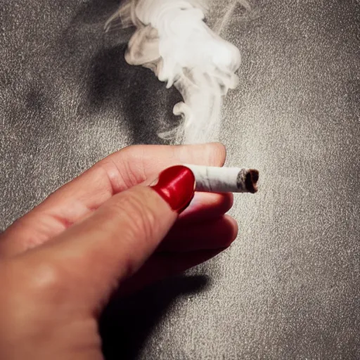 Prompt: Close-up of highly realistic hand holding cigarette with smoke, vintage, white background,