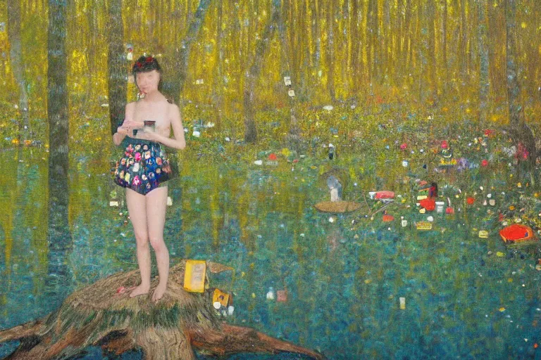 Prompt: hand holding a smartphone emerging from a lake, enchanted forest glade, electronics scraps on the ground by yoshitomo nara and klimt, oil painting, artstation, pinterest 4 k