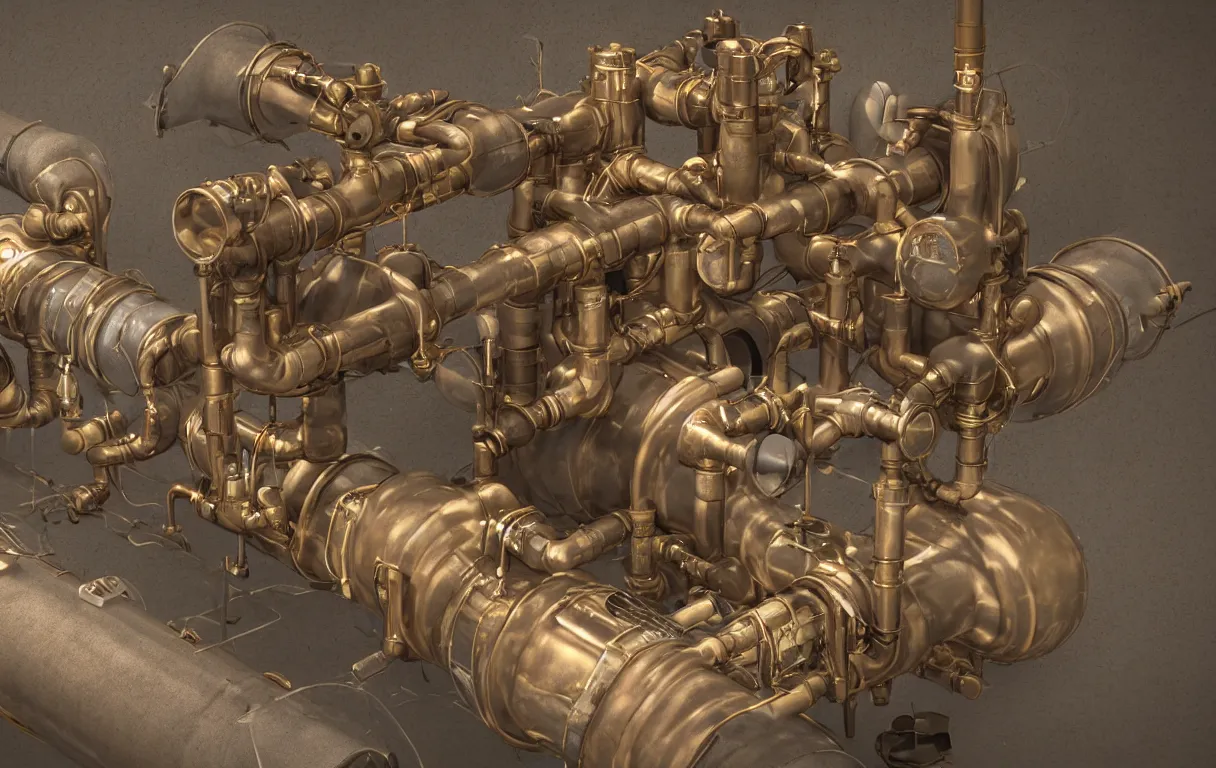 Image similar to realistic 3 d render of a steampunk pipeline with a single pipe going from the top left of the screen, to the top right, down, and going off in the bottom left of the screen