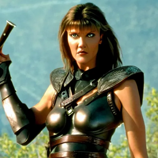 Image similar to tricia helfer as xena warrior princess, movie still, 4k