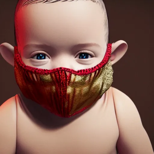 Prompt: 3D render of a baby covered in tattoos wearing a cloth balaclava and showing its gold grill on its teeth, octane render, 3d, cinema4d, cgsociety, artstation