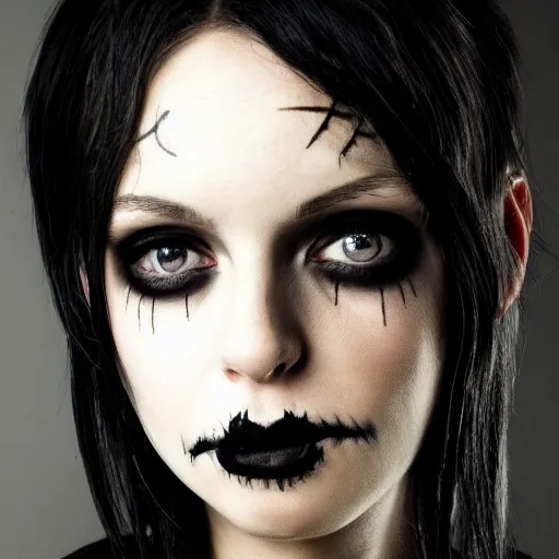 Prompt: A portrait of the character, Death, a young Goth girl wearing a black vest and balck jeans, very little make-up