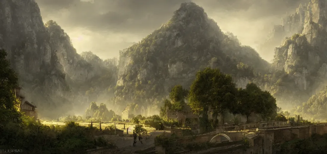 Image similar to lourmarin, landscape, alex ross, eddie mendoza, raphael lacoste, sebastian ludke, concept art, matte painting, highly detailed, rule of thirds, dynamic lighting, cinematic, detailed, magnificiant landscape, denoised, centerd