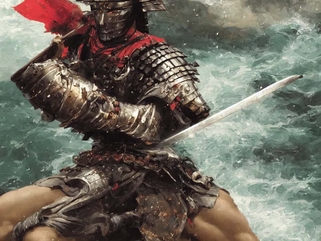 Image similar to close up of a samurai in full armor, training under a waterfall, by huang guangjian and gil elvgren, sachin teng, greg manchess