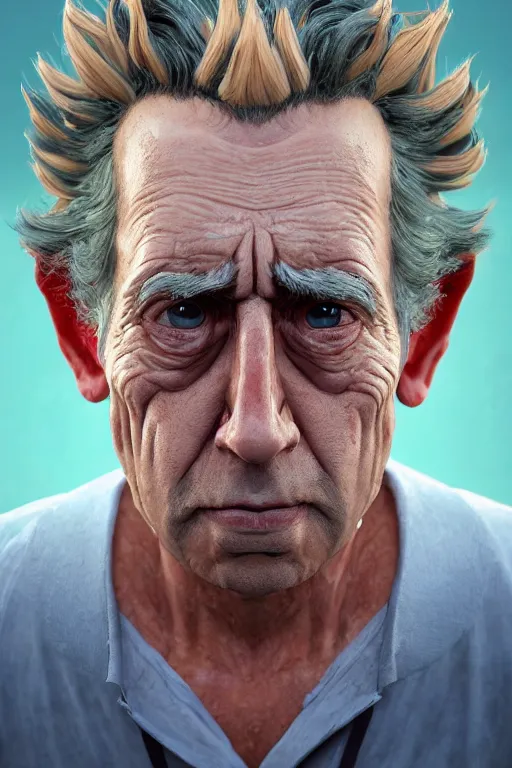 Image similar to cinematic portrait of Rick Sanchez. Centered, uncut, unzoom, symmetry. character illustration. Surreal render, ultra realistic, zenith view. Polished. Inspired by patricio clarey, heidi taillefer scifi painter glenn brown. Extremely ornated. artstation, cgsociety, unreal engine, ray tracing, detailed illustration, hd, 4k, digital art, overdetailed art. Dslr, tiltshift, dof. 64megapixel. complementing colors. Trending on artstation, deviantart,