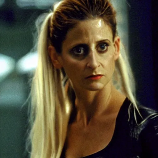 Prompt: movie scene still of a close up shot of Sarah Michelle Geller in the matrix