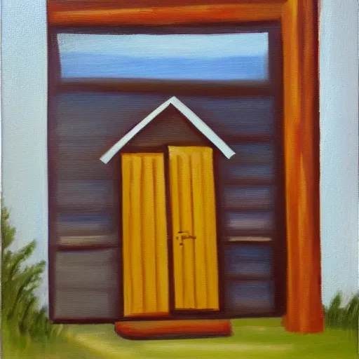 Image similar to oil painting of cabin with a door made out of potatoes