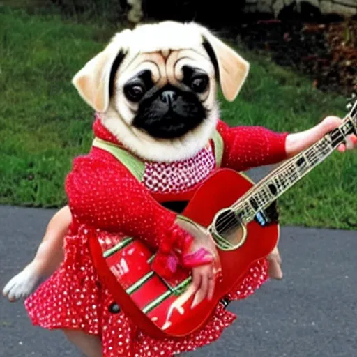 Image similar to pug dressed like dolly parton playing guitar