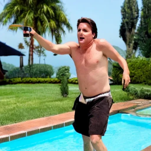 Prompt: emilio estevez completely bald walking over the water of a pool next to a house drinking champagne