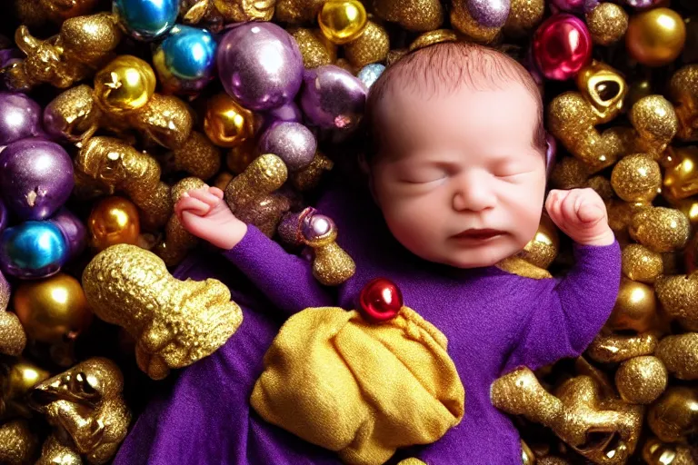 Image similar to baby thanos waving a golden rattle with colored gems