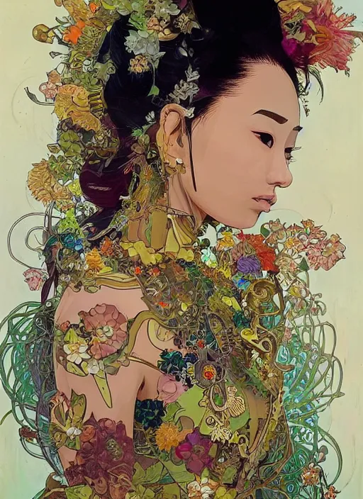 Image similar to !!! very coherent!!! oil painting, beautiful floralpunk balinese cyborg portrait girl female illustration detailed patterns art of bali traditional dress, flower pop art, floral splash painting, art by ashley wood, alphonse mucha, makoto shinkai, geof darrow, dark shadow