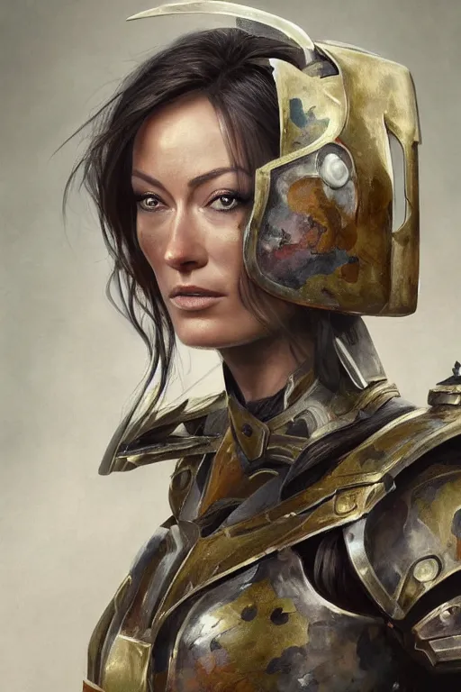 Prompt: a professionally painted portrait of Olivia Wilde, clothed in ancient battle armor, olive skin, long dark hair, beautiful bone structure, symmetrical facial features, face painted with camouflage, intricate, elegant, digital painting, trending on Artstation, concept art, smooth, sharp focus, illustration, from Metal Gear by Ruan Jia and Mandy Jurgens and Artgerm and and william-adolphe bouguerea, award winning