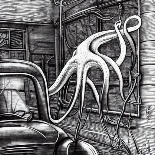 Image similar to a realistic octopus in a car repair shop, engraving, ink, sempe