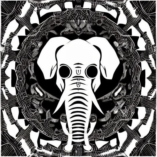 Prompt: a stylized elephant skull, geometric patterns, front view, black background, unreal engine, concept art, album cover, dry brush wash