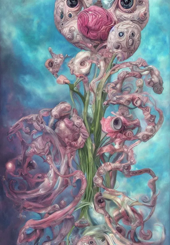 Image similar to a biomorphic painting of a vase with flowers and eyeballs in it, a surrealist painting by marco mazzoni, by dorothea tanning, pastel blues and pinks, lips, featured on artstation, metaphysical painting, oil on canvas, fluid acrylic pour art, airbrush art, seapunk, rococo, lovecraftian