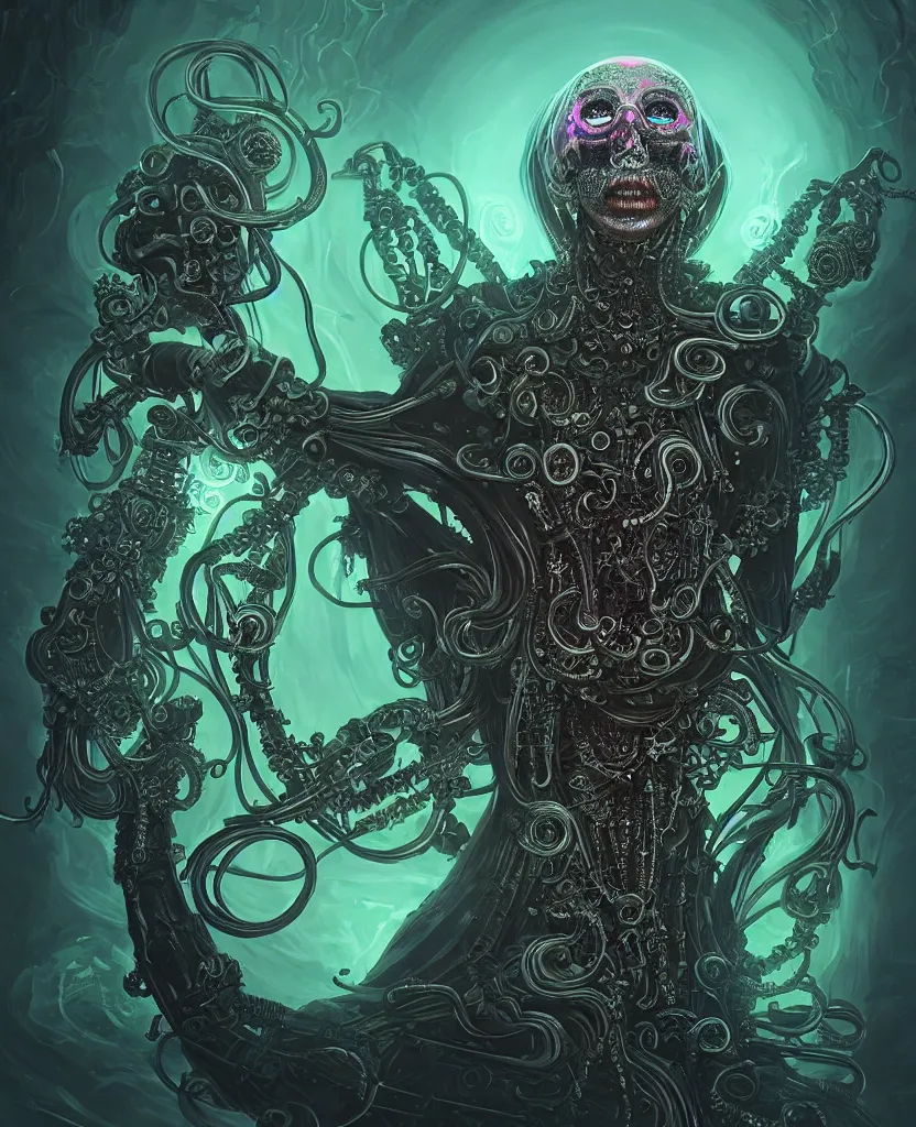 Image similar to queen of death. intricate portrait, occult cyberpunk, ancient futuristic, dark art, occult. intricate biomechanical, bioluminescent halo, cybernetic jellyfish, tentacles, by Petros Afshar, by artgerm, by Eddie Mendoza, by Peter mohrbacher by tooth wu, unreal engine, octane render, cinematic light, high details, iridescent colors