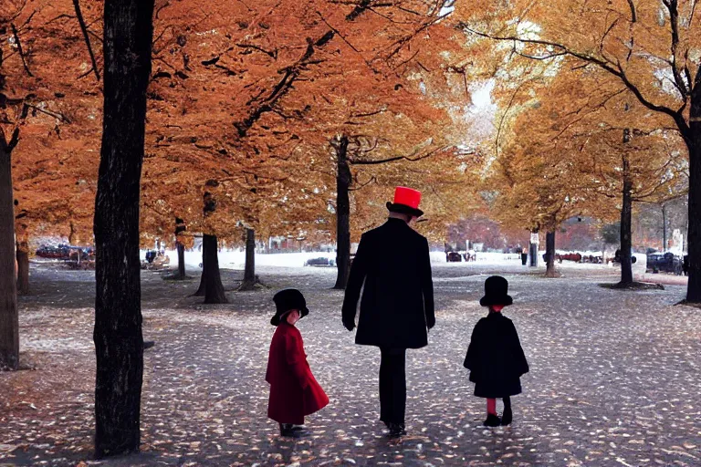 Image similar to a thin man in a black coat and bowler hat talks with small young girl who is dressed in a red coat and a red hat, park, autumn, 1923, wide angle, high detail, By Makoto Shinkai, Stanley Artgerm Lau, WLOP, Rossdraws, James Jean, Andrei Riabovitchev, Marc Simonetti, krenz cushart, Sakimichan, D&D trending on ArtStation, digital art,