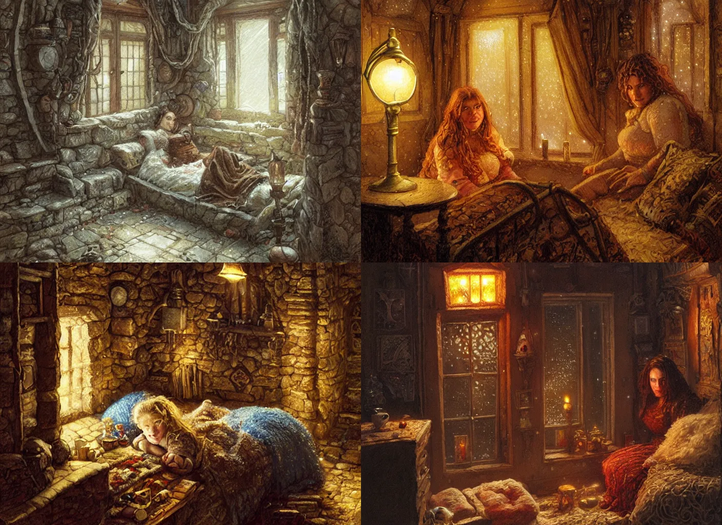 Prompt: beautiful dwarf woman on her cozy lamp lit bedroom at night, snowstorm outside through windows, stone dwarven house, beautiful scene, intricate, detailed, warm light, confortable atmosphere, high quality, by donato giancola and ralph horsley, cute, chubby