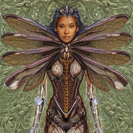 Image similar to brown woman wearing a translucent dragonfly armor. intricate. super detailed. layered. textured. award winning. dispersion of light. refracted lighting. soft. fragile.