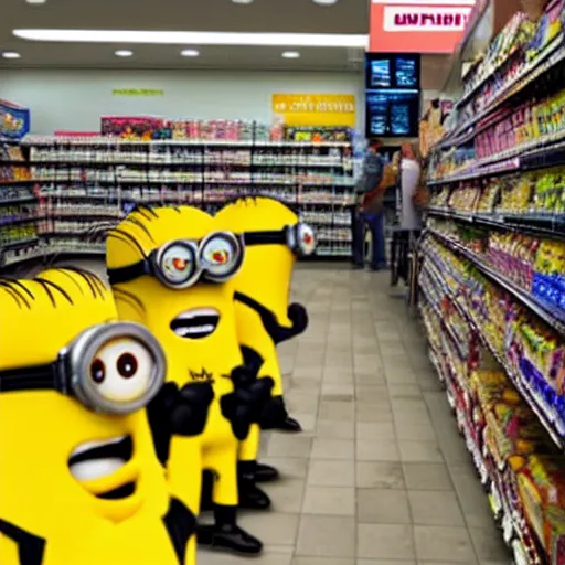 Prompt: lots of minions inside a 7/11 store, 8k, sharp, hyperrealistic