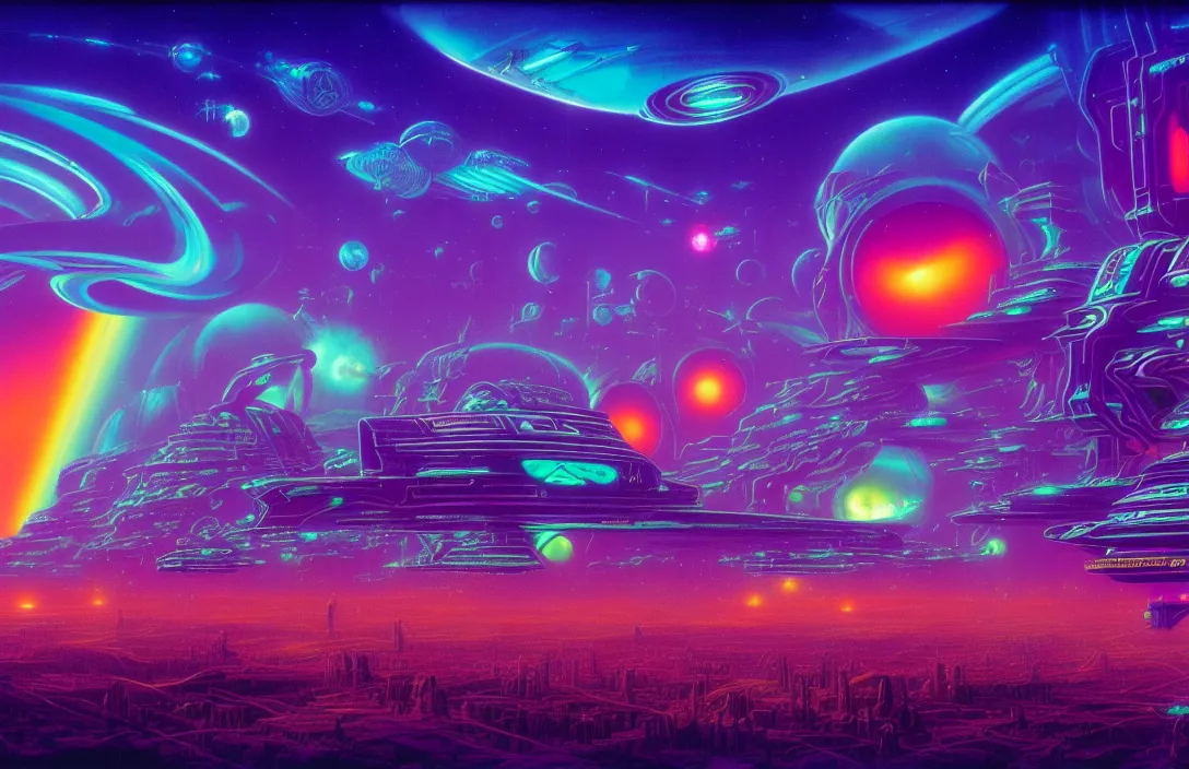 Prompt: cosmic sci - fi exo citys, infinite psychedelic waves, synthwave, bright neon colors, highly detailed, cinematic, panoramic, tim white, michael whelan, roger dean, bob eggleton, lisa frank, vladimir kush, kubrick, james gurney, giger