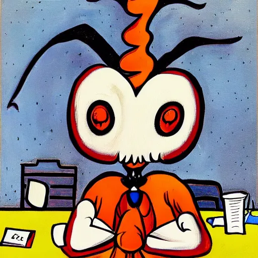 Image similar to an oil painting of an exhausted baphomet at an office desk, in the style of gary baseman, robert crumb, jim henson, expressionism