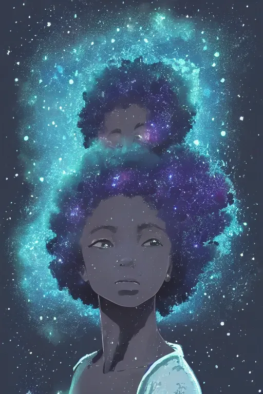 Image similar to ( a young black girl with a nebula afro ) standing under a ( tree made out of galaxy and stars ), trending on pixiv fanbox, painted by makoto shinkai takashi takeuchi studio ghibli, akihiko yoshida, yoshitaka amano, wangechi mutu, clean cel shaded vector art, illustration, hd, 8 k