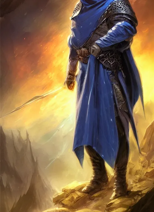Image similar to dark blue cloak male priest, ultra detailed fantasy, dndbeyond, bright, colourful, realistic, dnd character portrait, full body, pathfinder, pinterest, art by ralph horsley, dnd, rpg, lotr game design fanart by concept art, behance hd, artstation, deviantart, hdr render in unreal engine 5