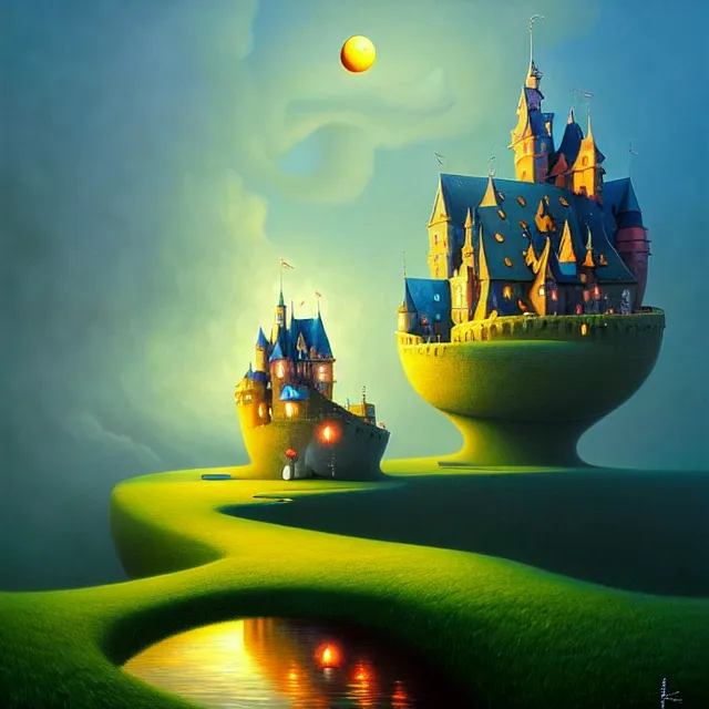 Image similar to gediminas pranckevicius an oil on canvas portrait painting of mickey mouse, surrealism, surrealist, cosmic horror, rob gonsalves, high detail fantastic world castle happy place, volumetric light godray