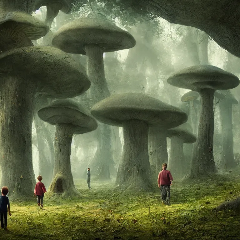 Image similar to a painting of a man and a child walking through a huge mushroom forest, a detailed matte painting by julian allen, cgsociety, fantasy art, matte painting, concept art, daz 3 d