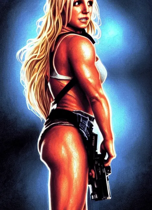 Image similar to A film still of Britney Spears as John Mcclane in die hard, highly detailed, digital painting, artstation, concept art, sharp focus, illustration, cinematic lighting, art by artgerm and greg rutkowski and alphonse mucha diffuse lighting, fantasy, intricate, elegant, highly detailed, lifelike, photorealistic, digital painting, artstation, illustration, concept art, smooth, sharp focus, art by John Collier and Albert Aublet and Krenz Cushart and Artem Demura and Alphonse Mucha