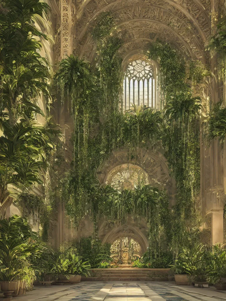 Prompt: grand cathedral interior with koi pond in the middle surrounded by palm trees, ivy, flowers, tropical plants, roses, and with archways, rendered in octane render with photorealistic soft volumetric lighting, cinematic, symmetrical