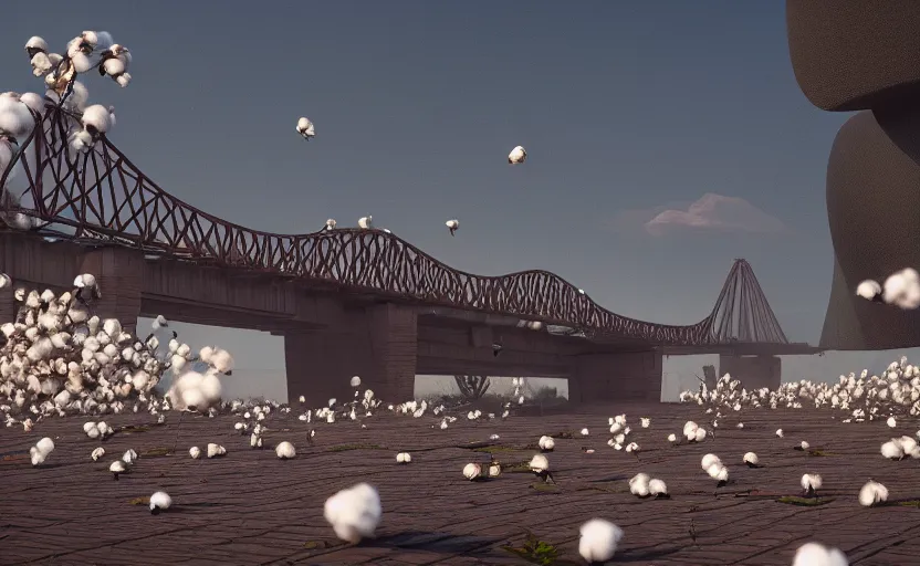 Prompt: a big bridge destroyed by explosions in the form of cotton plants, 3 d octane render, epic lighting, 8 k, by goro fujita