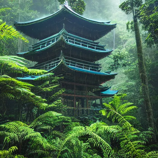 Image similar to abellanewsfoundation. org a full length portrait of a giant autonomous pagoda in a misty rainforest, surrounded by lush ferns and fir trees. surrounded by mountains and clouds and mist. featured on