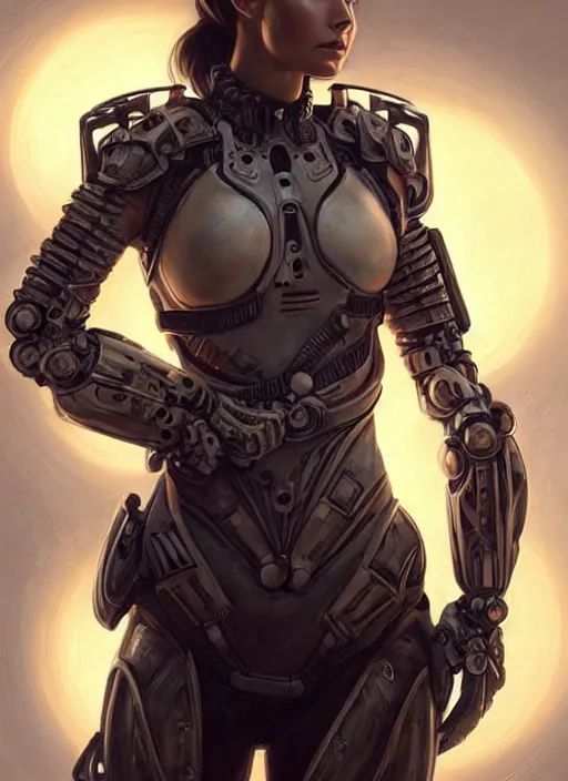 Image similar to portrait of a beautiful female soldier from the future wearing biomechanical armor, olivia munn, carrying a rifle, intricate, elegant, glowing lights in armor, highly detailed, digital painting, artstation, glamor pose, concept art, smooth, sharp focus, illustration, epic angle, art by artgerm and greg rutkowski, artey freytag, alvin schwartz