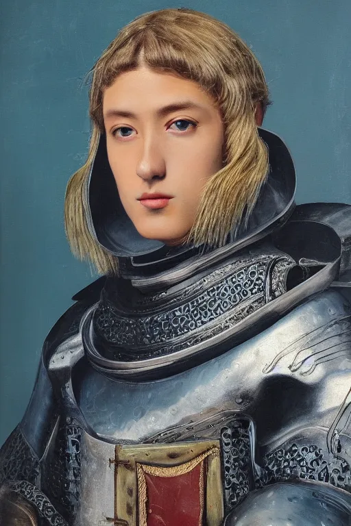 Image similar to hyperrealism oil painting, close - up portrait of caucasian medieval fashion model, knight, steel gradient mixed with nebula sky, in style of baroque mixed with 7 0 s japan book art