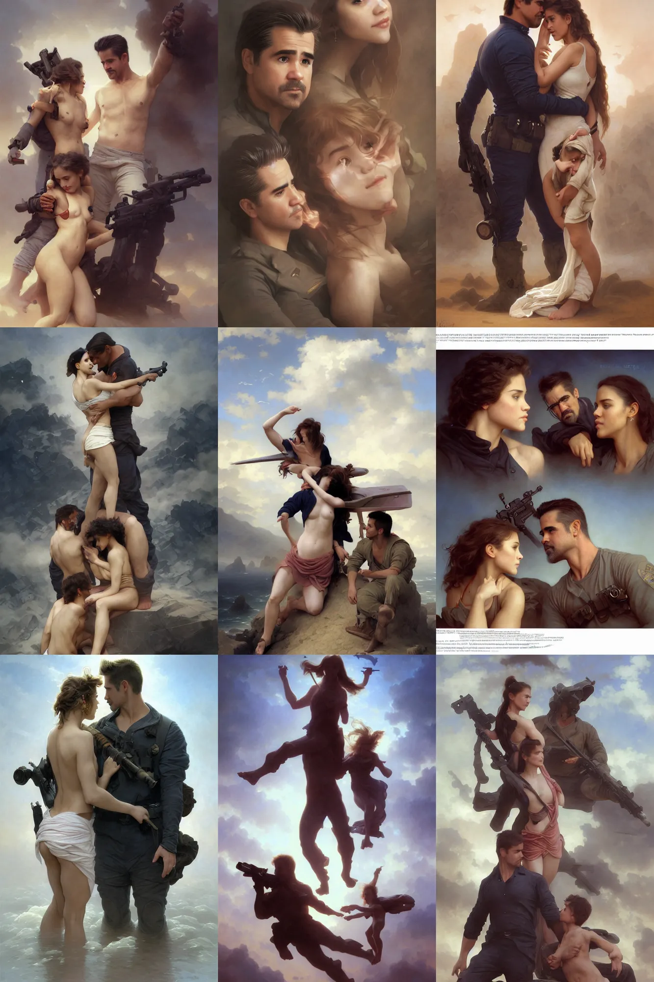 Prompt: Romantic depiction of Colin Farrell and Jessica Alba And Zendaya as navy SEAL illustration by Ruan Jia and Mandy Jurgens and William-Adolphe Bouguereau, Artgerm, 4k, digital art, surreal, space dandy style, highly detailed, godsend, artstation, digital painting, concept art, smooth, sharp focus, illustration by Ruan Jia and Mandy Jurgens and William-Adolphe Bouguereau