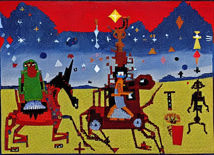 Image similar to pixel decollage painting tarot lovers card composition tower of babel road red armor maggot bear and wonky alien frog skeleton knight on a horse in a dark red cloudy night sky with golden foil jewish stars and diamonds, mountain lake and blossoming field in background, painted by Mark Rothko, Helen Frankenthaler, Danny Fox and Hilma af Klint, pixelated, neo expressionism, semi naive, pastel colors, cinematic, color field painting, cave painting, voxel, pop art look, outsider art, minimalistic. Bill Traylor painting, part by Philip Guston, Amano and Francis Bacon. art by Adrian Ghenie and Storm Thorgerson, very coherent symmetrical artwork, cinematic, hyper realism, high detail, octane render, unreal engine, Smooth gradients, depth of field, full body character drawing, extremely detailed, 8k, extreme detail, intricate detail, masterpiece